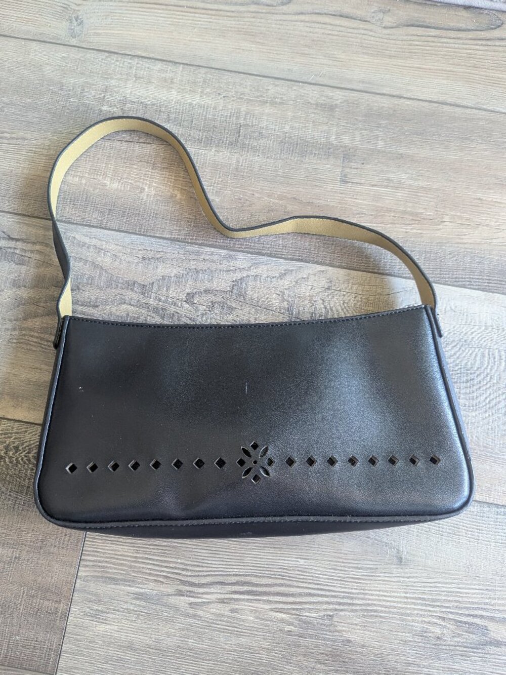 Mondani New York Vintage Vegan Leather Perforated Floral Shoulder Bag Black